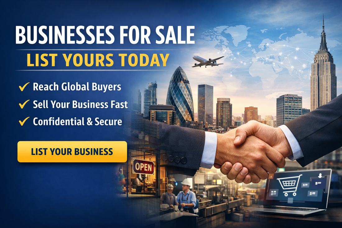 Businesses for Sale – List Your Business Today banner showing global city skyline, handshake between business professionals and call to action to list your company for sale worldwide
