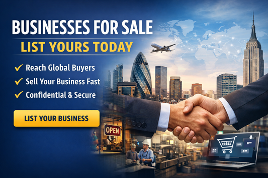 Businesses for Sale – List Your Business Today banner showing global city skyline, handshake between business professionals and call to action to list your company for sale worldwide