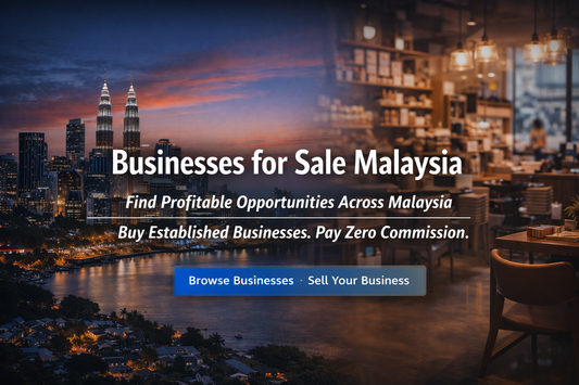 Businesses for sale in Malaysia banner featuring Kuala Lumpur skyline and retail business interior with centered promotional text