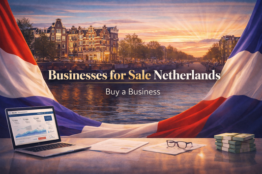 Businesses for Sale Netherlands banner featuring Amsterdam canal houses at sunset with Dutch flag elements and centered professional text