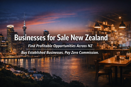 Businesses for sale in New Zealand featuring Auckland skyline and café business opportunity with centered promotional text