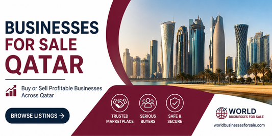 Horizontal Qatar business marketplace banner featuring Doha skyline with centred text promoting businesses for sale in Qatar, including buying and selling profitable businesses with trusted marketplace branding.