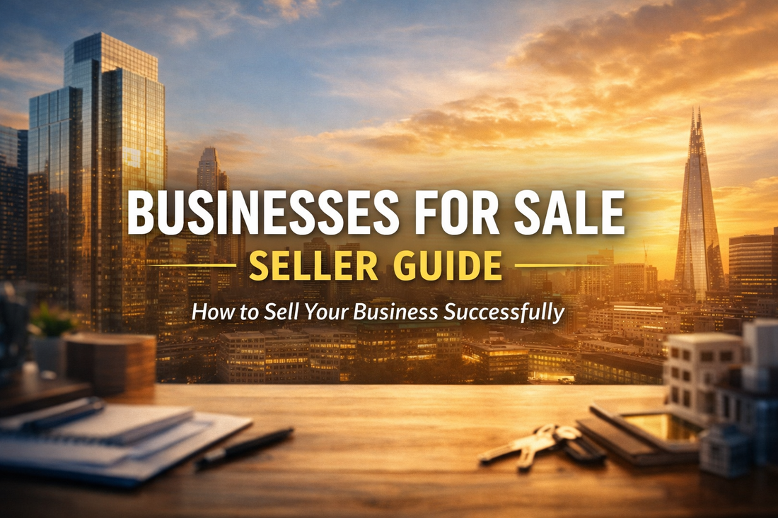 Businesses for Sale Seller Guide banner with city skyline background and centred text “How to Sell Your Business Successfully”