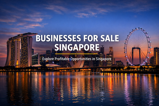 Businesses for Sale Singapore banner featuring the Singapore skyline at sunset with Marina Bay Sands and Singapore Flyer, with centered text promoting profitable business opportunities.