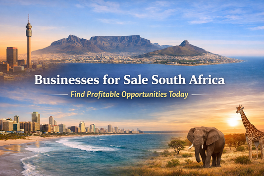 Businesses for Sale South Africa banner with city skylines, coastline, and safari animals, featuring centred text promoting profitable business opportunities