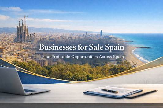 Businesses for Sale Spain banner featuring Barcelona skyline with Sagrada Família and coastal view, with centered professional text
