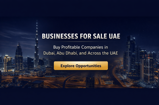 Businesses for sale in the UAE banner showing Dubai skyline promoting profitable companies in Dubai, Abu Dhabi, and across the UAE.