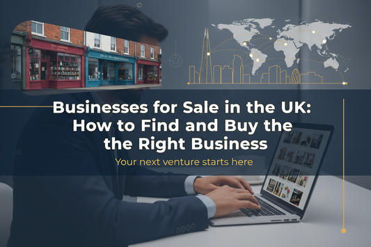 A motivated buyer browsing businesses for sale in the UK and worldwide on a laptop, illustrating how to find and buy the right business