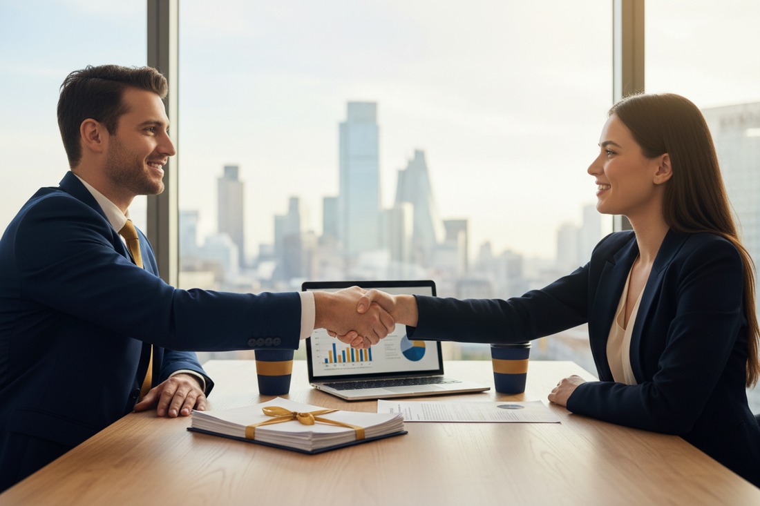 Two professionals shaking hands after completing a business acquisition in the UK