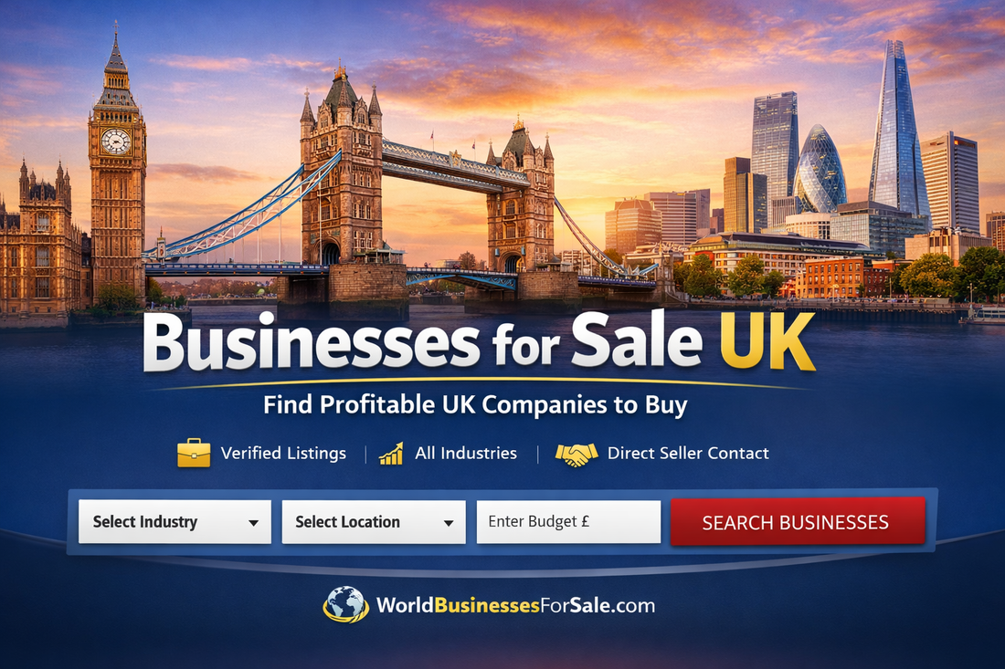Businesses for Sale UK banner featuring London skyline with Big Ben and Tower Bridge, promoting verified UK companies for sale on WorldBusinessesForSale.com