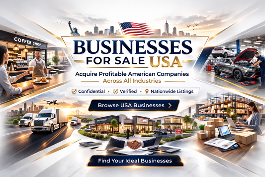 Ultra-minimal luxury banner for Businesses for Sale USA featuring professional entrepreneurs, coffee shop, logistics trucks and auto repair business with centered headline and premium white design.