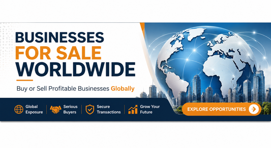 Global businesses for sale banner with world map, city skyline, and international business marketplace concept
