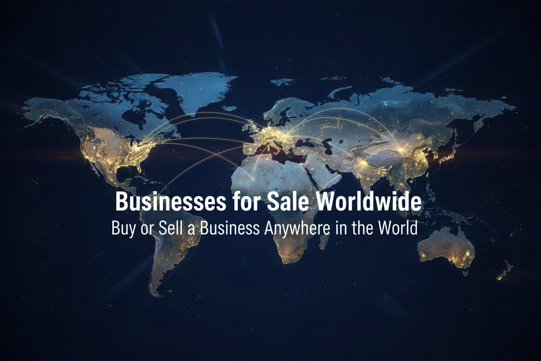 Global businesses for sale banner with world map, city skyline, and international business marketplace concept