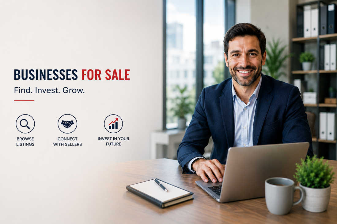Business owner using an online marketplace to find businesses for sale and investment opportunities.