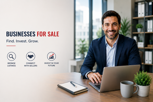 Business owner using an online marketplace to find businesses for sale and investment opportunities.