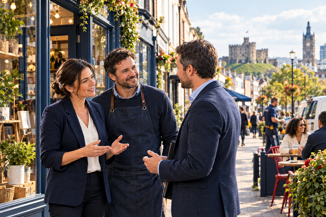 Cardiff independent business owners speaking with a prospective buyer on a local high street.