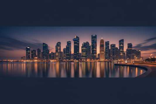 Horizontal Qatar business marketplace banner featuring Doha skyline with centred text promoting businesses for sale in Qatar, including buying and selling profitable businesses with trusted marketplace branding.