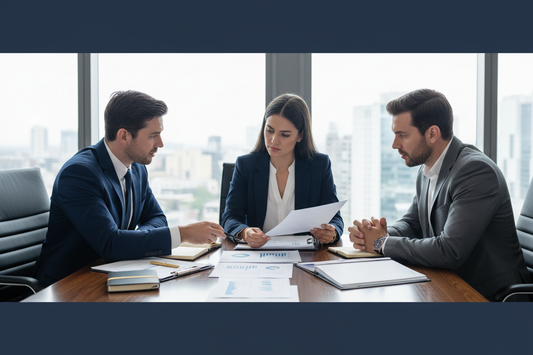 Accountant and solicitor reviewing financial documents with a business owner during due diligence when selling a business in the UK