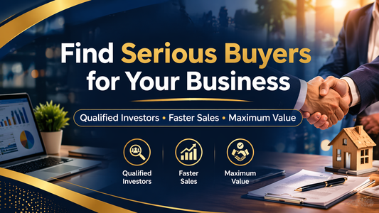 Professional business sale banner showing a handshake and office setting with text “Find Serious Buyers for Your Business – Qualified Investors • Faster Sales • Maximum Value”
