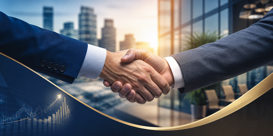 Business handshake symbolising a successful deal with modern office and city background, representing selling a business and flexible deal structures