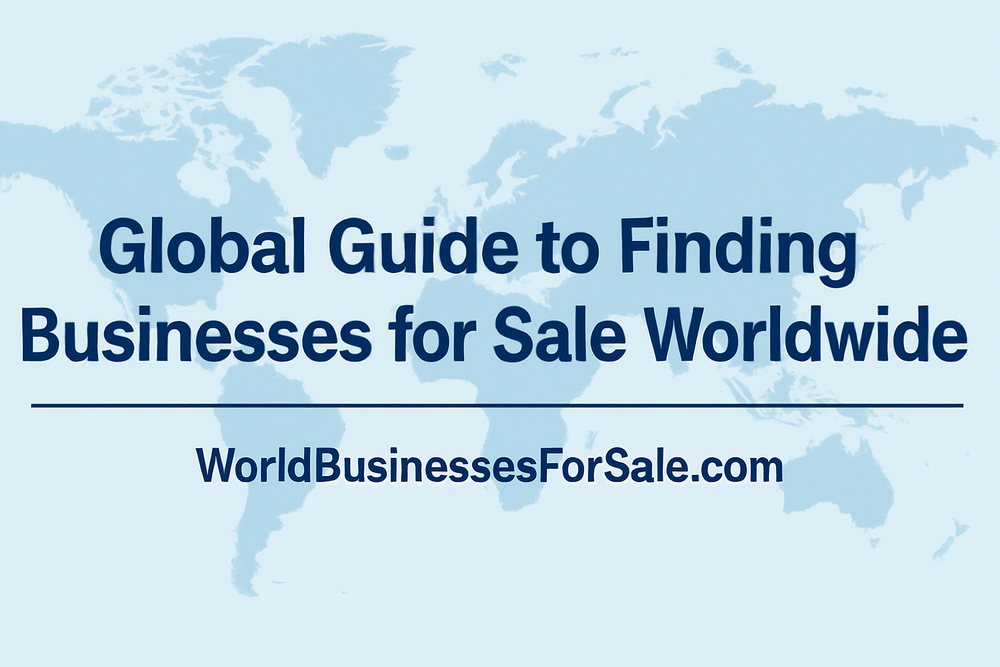 Corporate minimalist blue world map banner with title 'Global Guide to Finding Businesses for Sale Worldwide' and WorldBusinessesForSale.com branding.