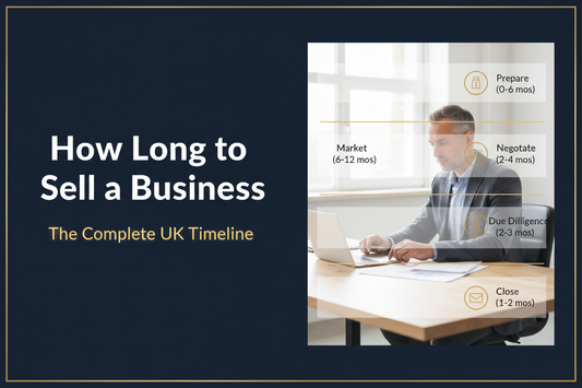 Clean business sale timeline graphic with milestone markers overlaid on a professional office environment, with text reading How Long to Sell a Business, The Complete UK Timeline