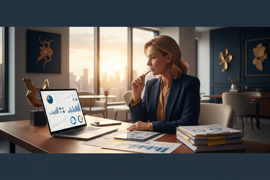 Business owner reviewing financial documents to calculate how much their business is worth before selling