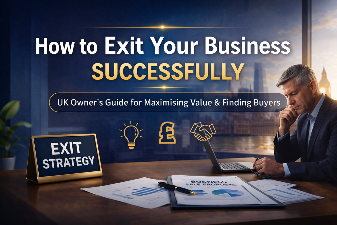Professional business exit banner showing a handshake and corporate setting with text “How to Exit Your Business Successfully – UK Owner’s Guide”