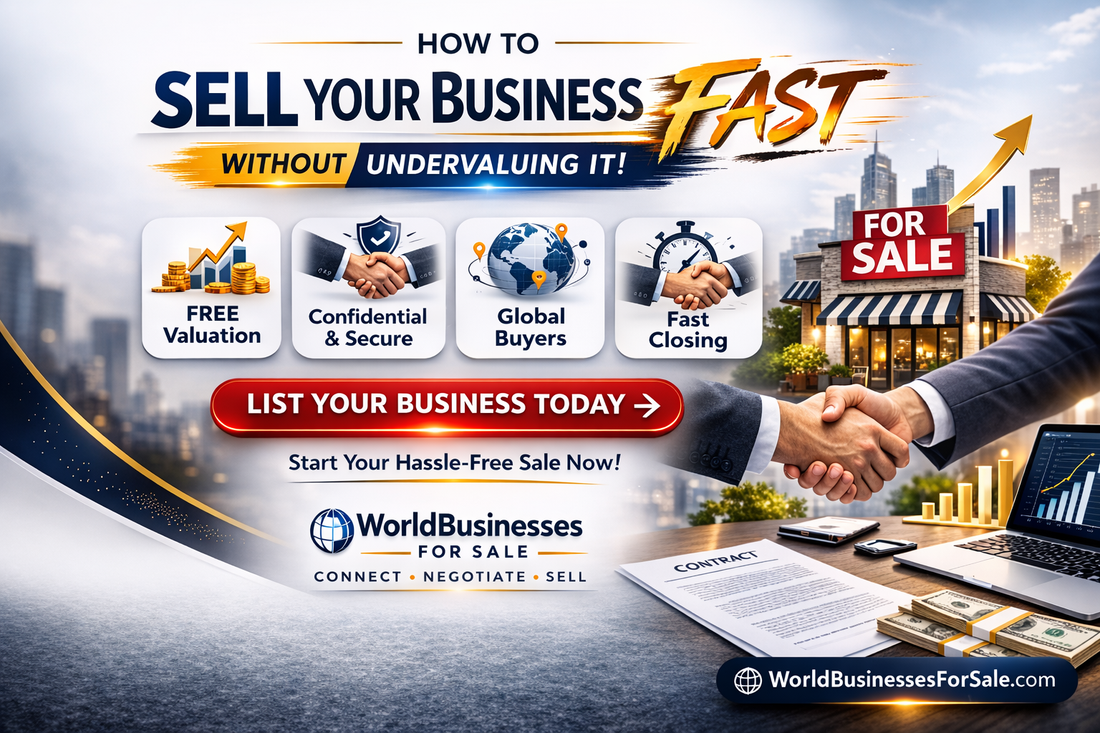Sell your business fast banner with bold central headline, handshake background, and call to action to list your business on WorldBusinessesForSale.com