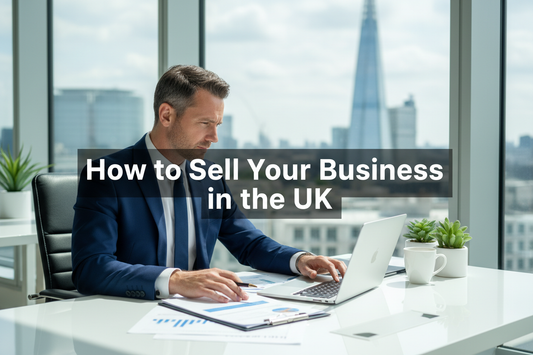 UK business owner reviewing documents in a modern office, representing a step-by-step guide to selling your business in the UK