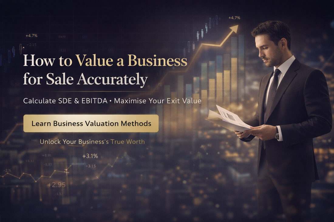 Premium business valuation banner with financial charts, upward growth graph and executive reviewing documents beside headline “How to Value a Business for Sale Accurately.