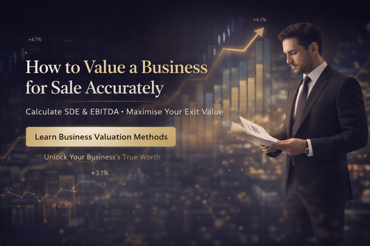 Premium business valuation banner with financial charts, upward growth graph and executive reviewing documents beside headline “How to Value a Business for Sale Accurately.