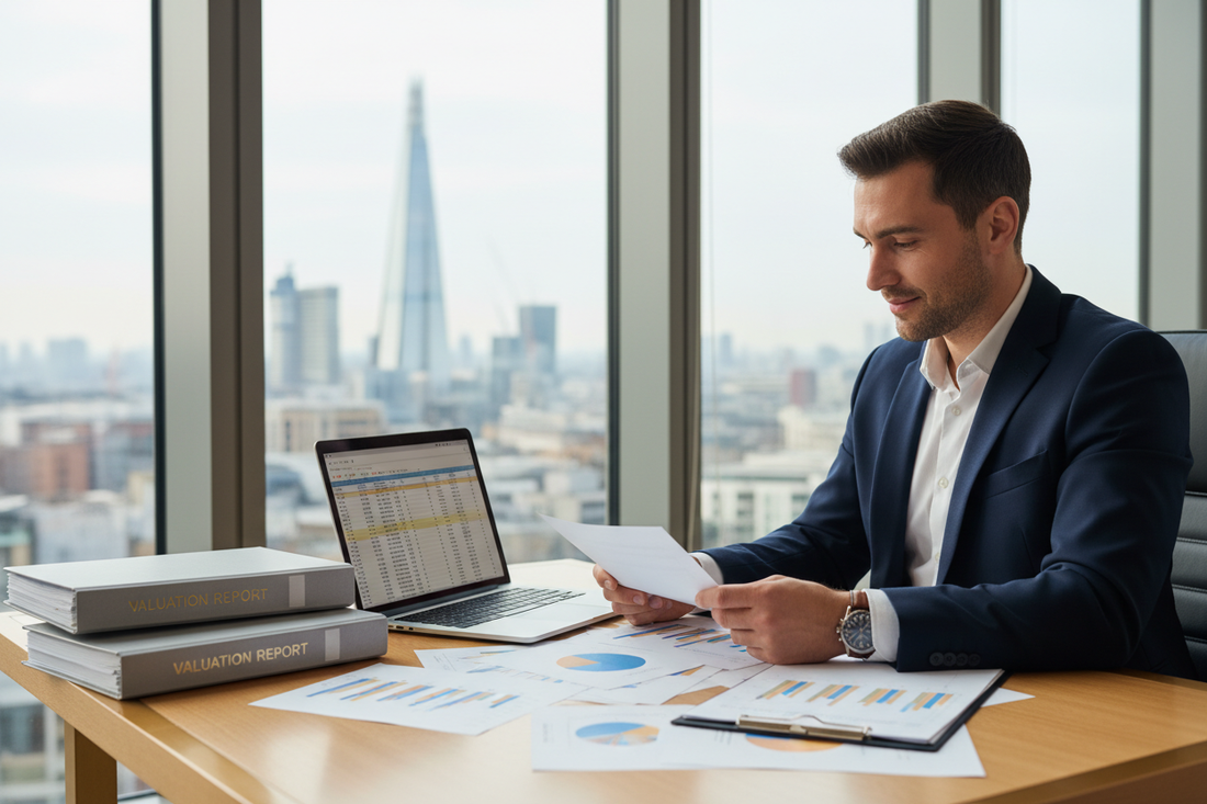 UK business professional reviewing financial valuation documents and charts at a modern office desk