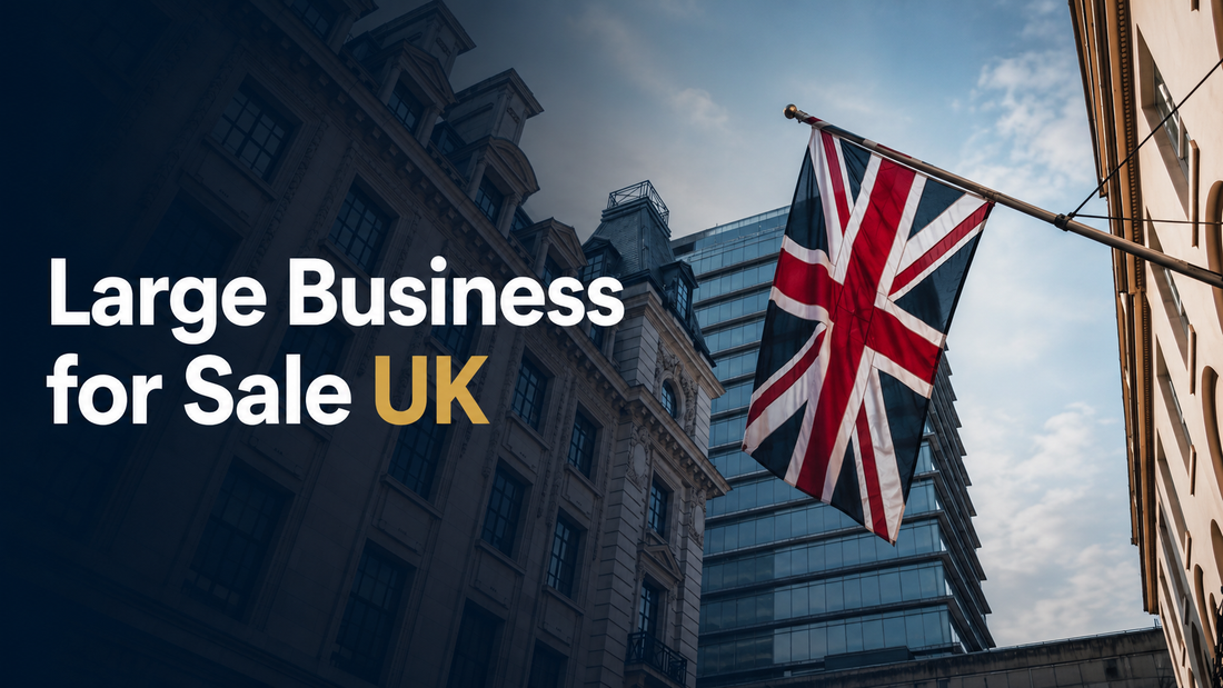 Large business for sale UK banner with Union Jack and commercial buildings