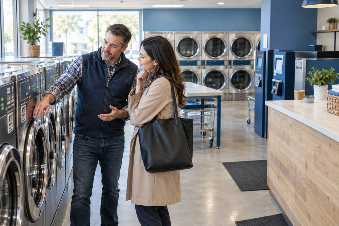 Prospective buyer inspecting washing machines with the owner of a laundromat for sale.