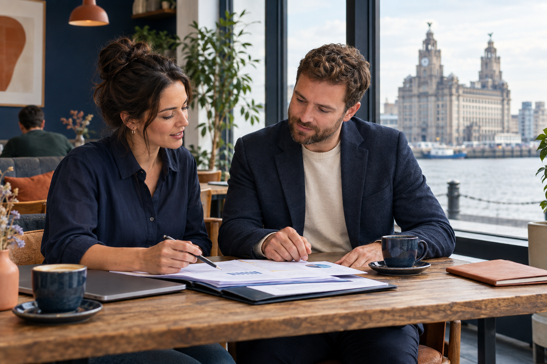 Liverpool business owner and prospective buyer reviewing sale documents, with the Royal Liver Building visible in the background.