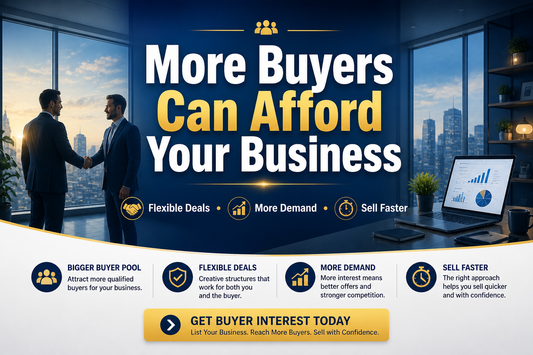 More buyers can afford your business banner with flexible deal structures, handshake background, and growth charts illustrating increased demand and faster sales