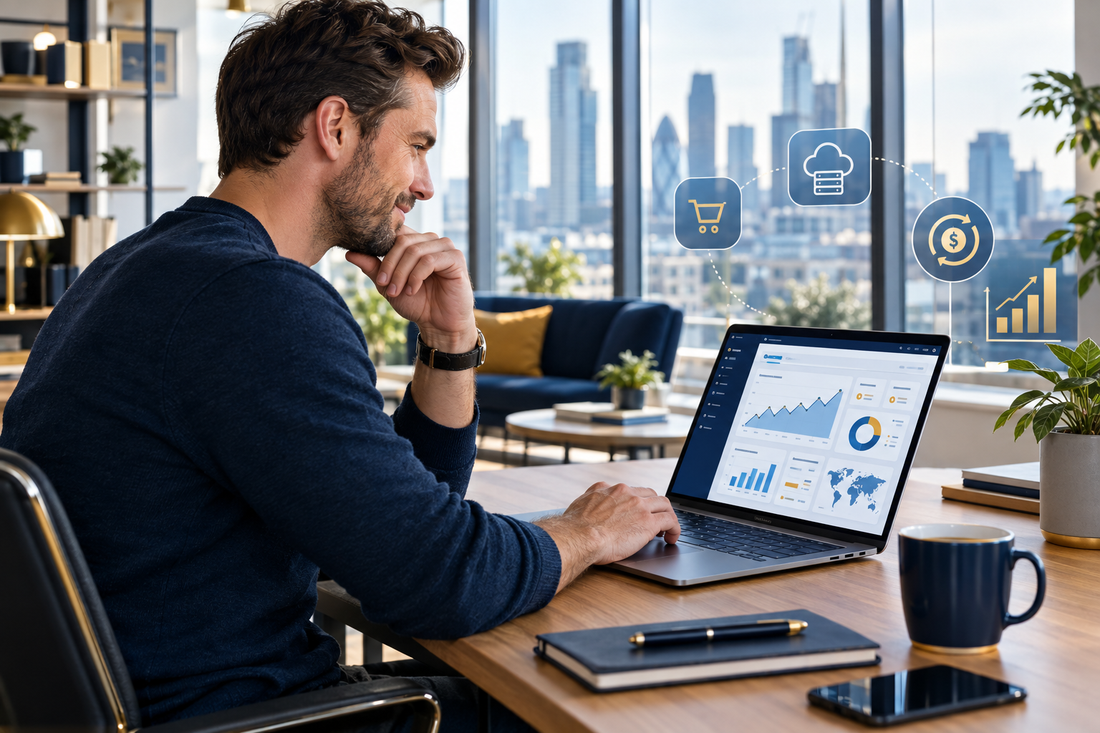 Entrepreneur reviewing an online business opportunity with ecommerce, software and analytics data on a laptop.