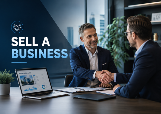 Business owners shaking hands during a company sale meeting with Sell a Business banner text