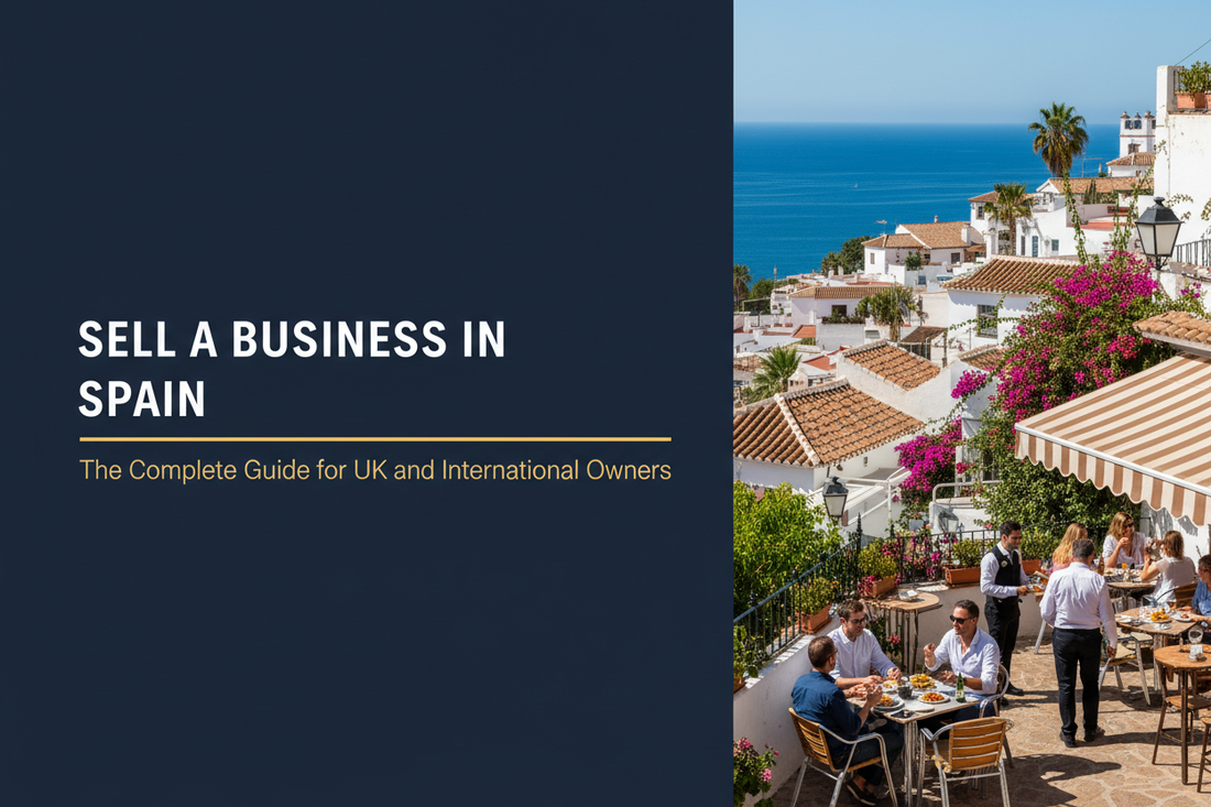 Sunny Spanish coastal town with white buildings and Mediterranean sea, with text reading Sell a Business in Spain, The Complete Guide for UK and International Owners