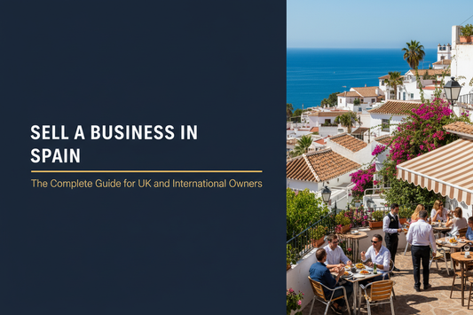 Sunny Spanish coastal town with white buildings and Mediterranean sea, with text reading Sell a Business in Spain, The Complete Guide for UK and International Owners
