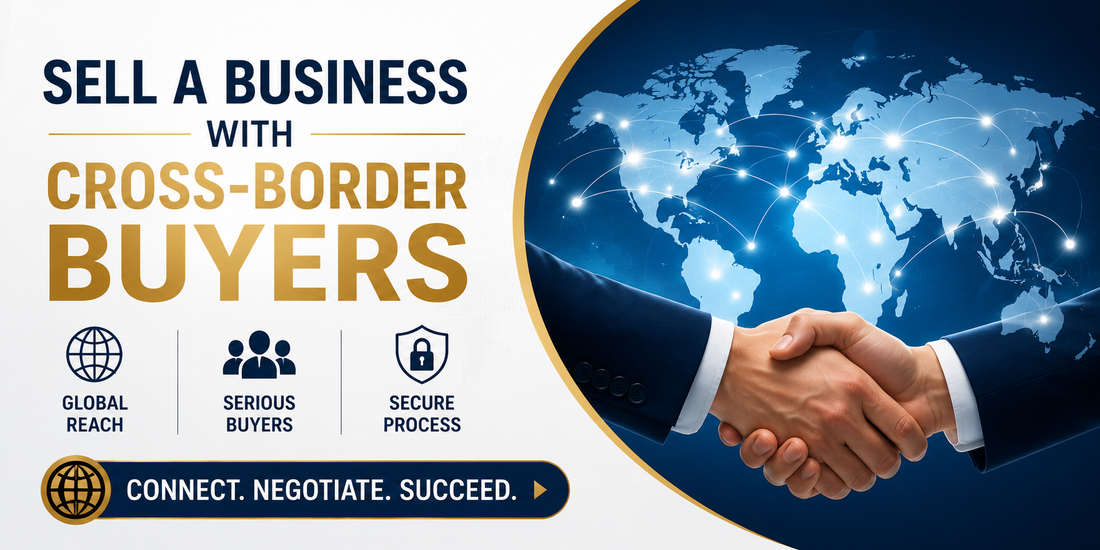 Sell a business with cross-border buyers banner featuring global business connections, serious international buyers, secure negotiations, and worldwide business sales marketplace.