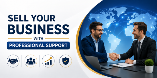 Sell a business with professional support banner featuring expert guidance, serious buyers, secure business sales process, and global business marketplace support.