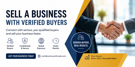 Sell a business with verified buyers professional marketplace banner with handshake and global buyer exposure