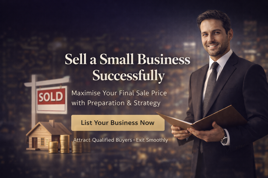 Premium banner for “Sell a Small Business Successfully” with centered headline, SOLD sign, stacked coins and professional entrepreneur reviewing documents.