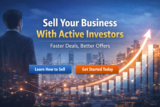 Sell your business with active investors banner showing professional businessman overlooking city skyline with growth chart and upward trend