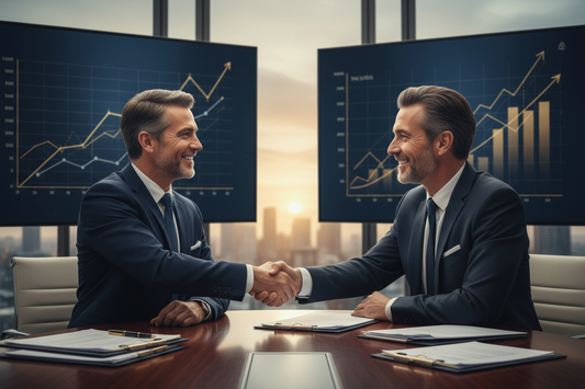 UK business owner completing a successful high-value business sale, shaking hands with buyer across a boardroom table