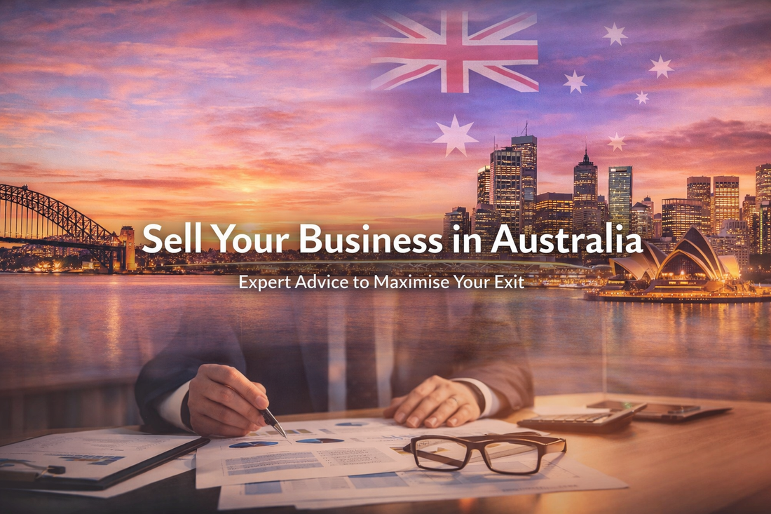 Sell Your Business in Australia banner featuring Sydney skyline, Opera House, Harbour Bridge, and financial documents representing business sale and exit strategy