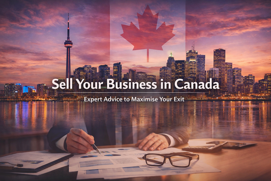 Sell Your Business in Canada banner featuring Toronto skyline, CN Tower, and financial documents symbolising business sale and exit strategy