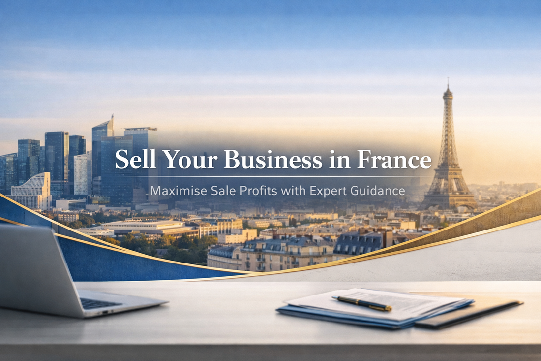 Sell Your Business in France banner featuring Paris skyline with Eiffel Tower and La Défense business district, with centered professional text